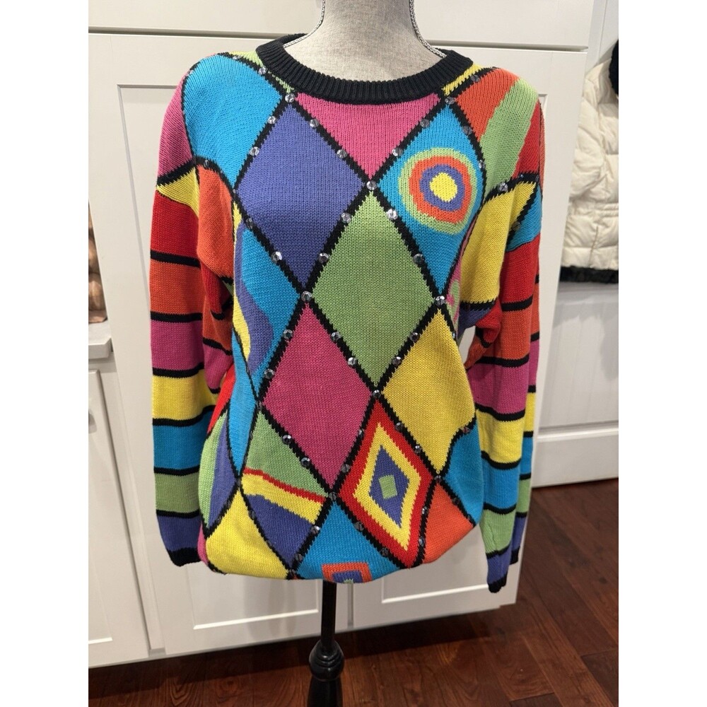 Vintage Leau Vive Sweater Womens M Colorblock Geometric Sequin 80s 90s